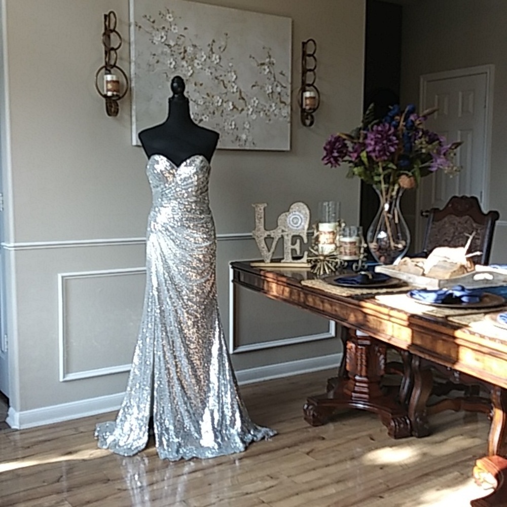 FINAL SALE Silver Sequined Floor-length Gown by Cinderella Divine. Size S